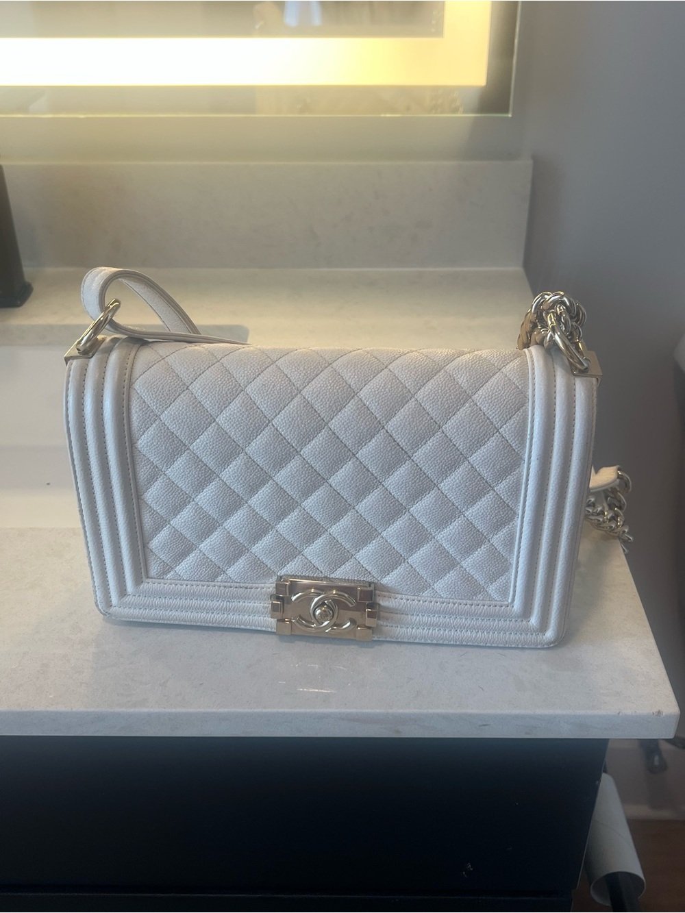 CHANEL White Quilted Boy Bag with Silver Hardware